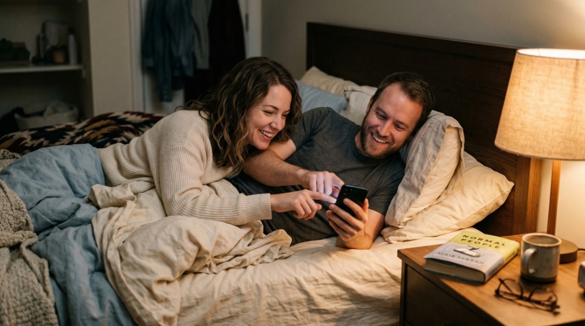 Couple lying in bed laughing while looking at phone together