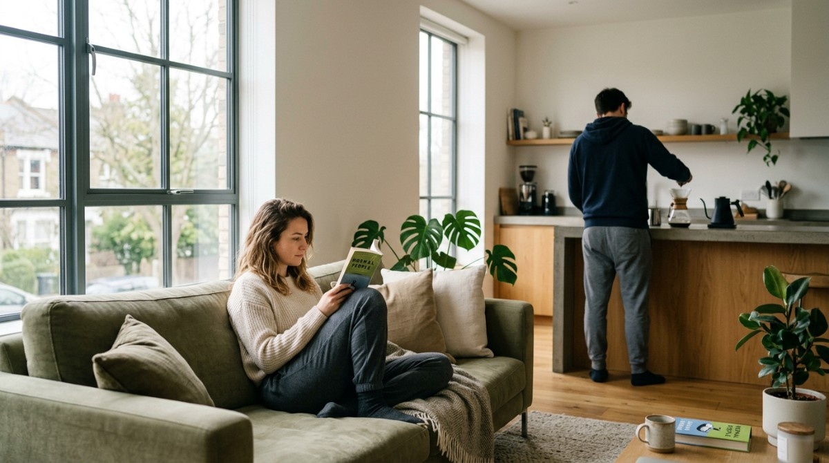 Woman reading on sofa while man works in kitchen, emotional distance in relationship at home