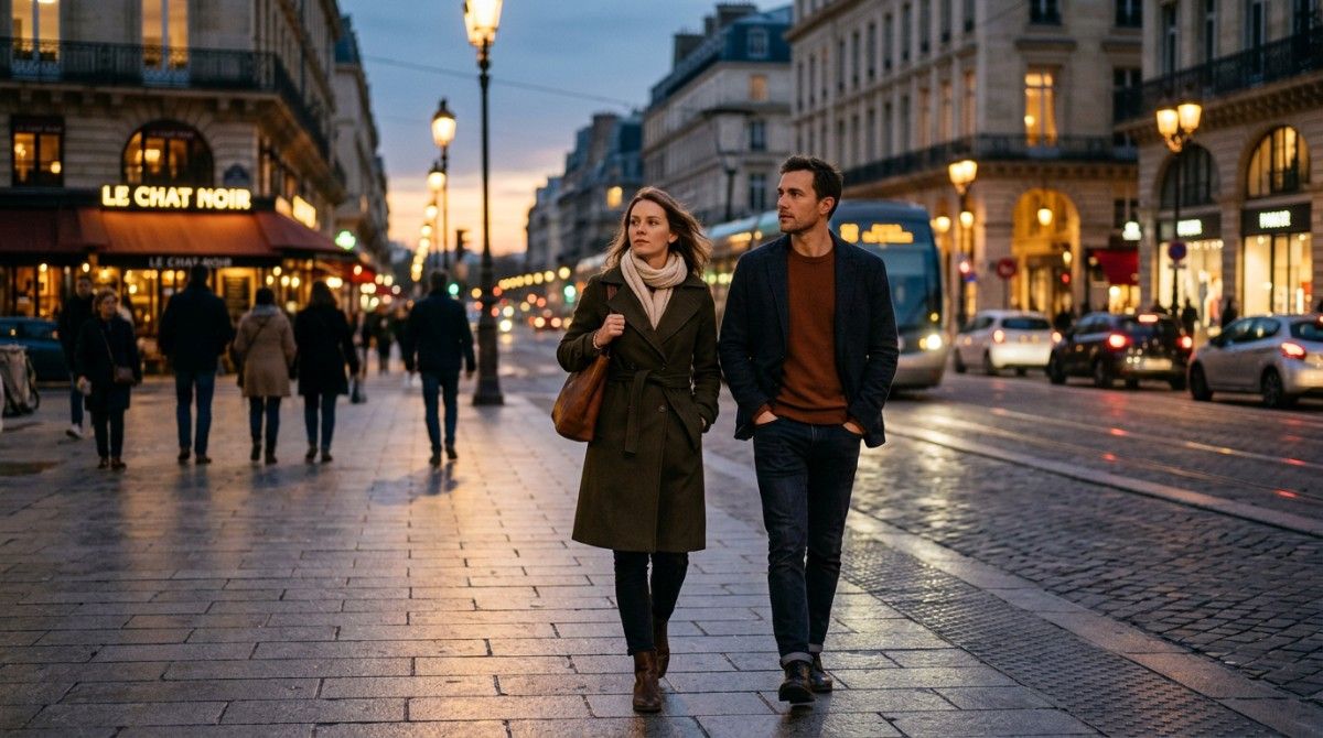 Couple walking together on a city street at dusk with warm lights, romantic urban relationship moment