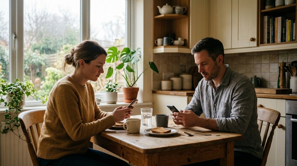Sitting together yet worlds apart—phones replacing presence in everyday relationship moments.