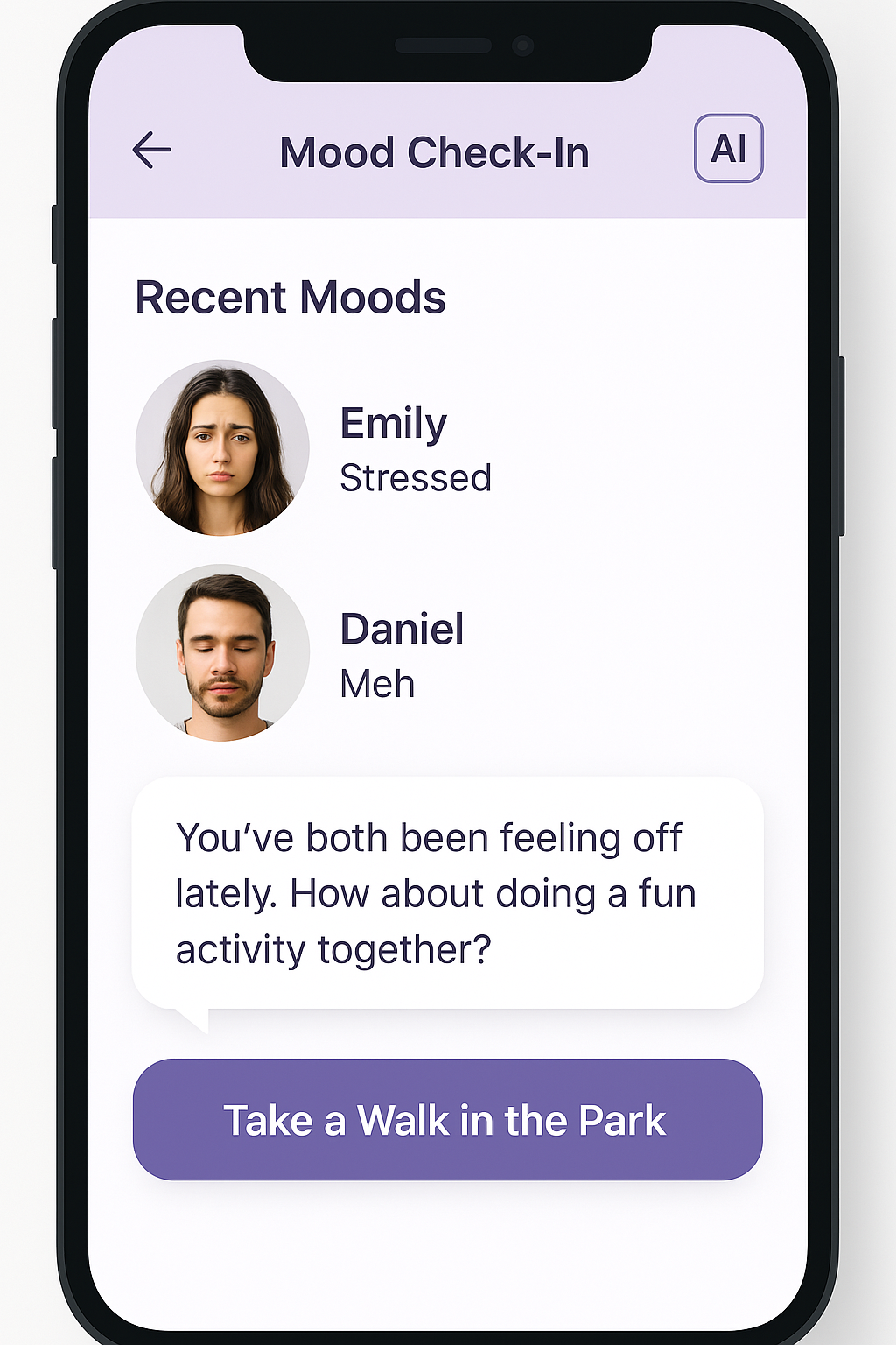 AI emotional check-in screen with two partners showing recent moods and a suggested bonding activity, in a modern couples app UI.