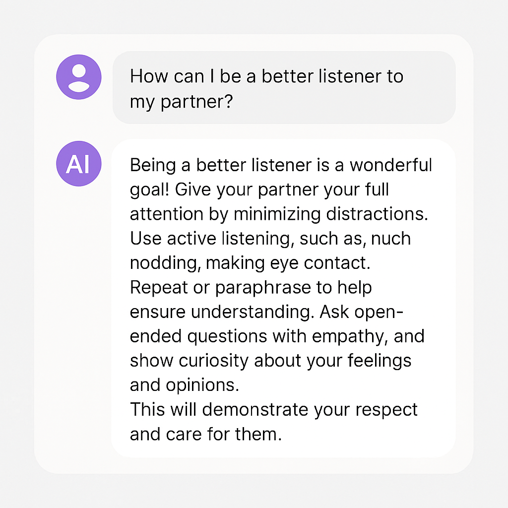 Conversational AI interface where a user types a relationship question and receives a thoughtful, personalized AI-generated response.