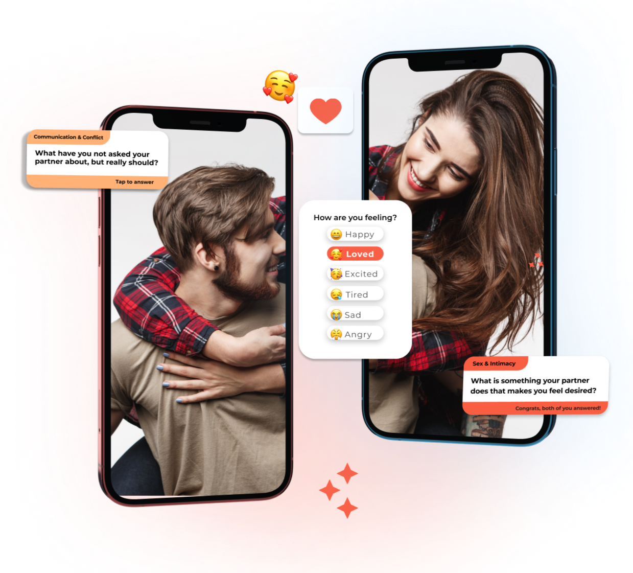 Mobile quiz screen showing two partners answering questions like “What’s your ideal weekend together?” with fun emojis and progress bars.