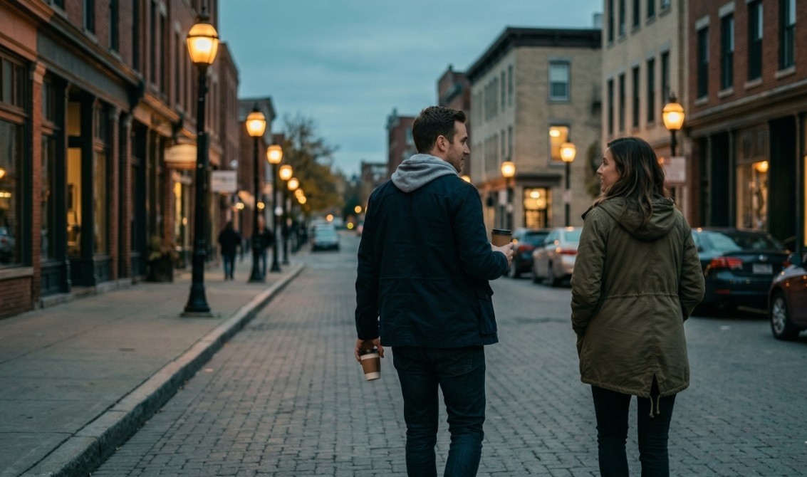 Couple walking together on quiet city street holding coffee and talking casually