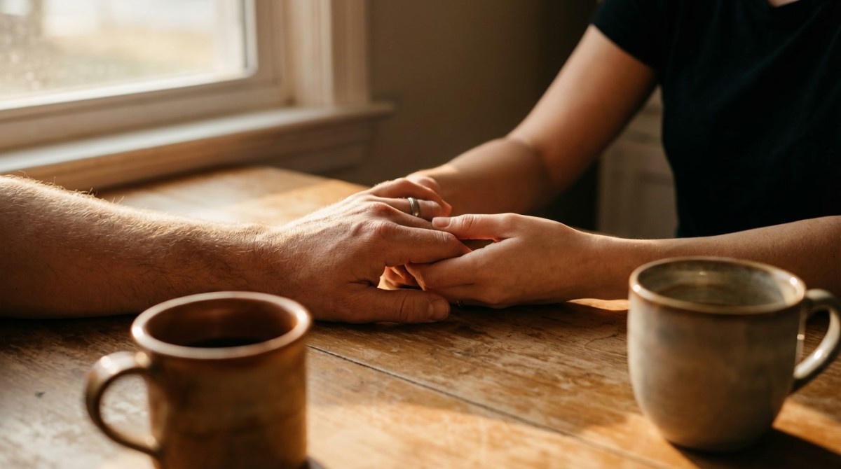 Close-up of a couple holding hands over a wooden table with coffee cups, symbolizing intimacy, trust, and emotional bonding.