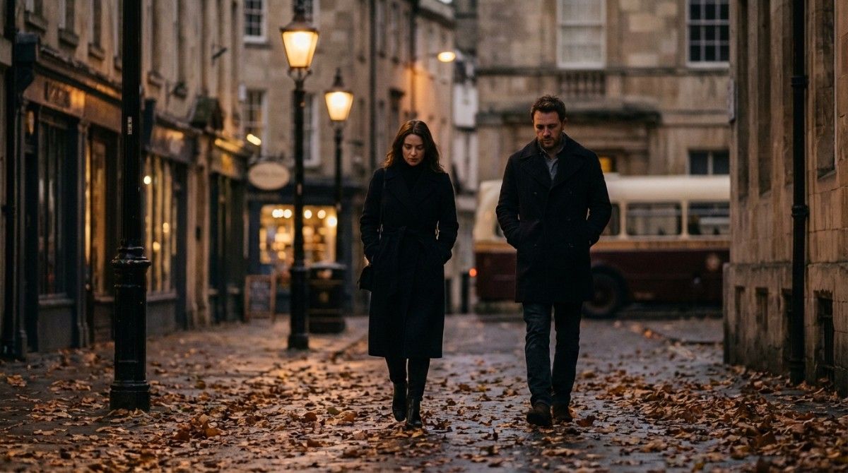 Man and woman walking apart on a quiet street covered with autumn leaves, symbolizing emotional disconnection in a relationship.