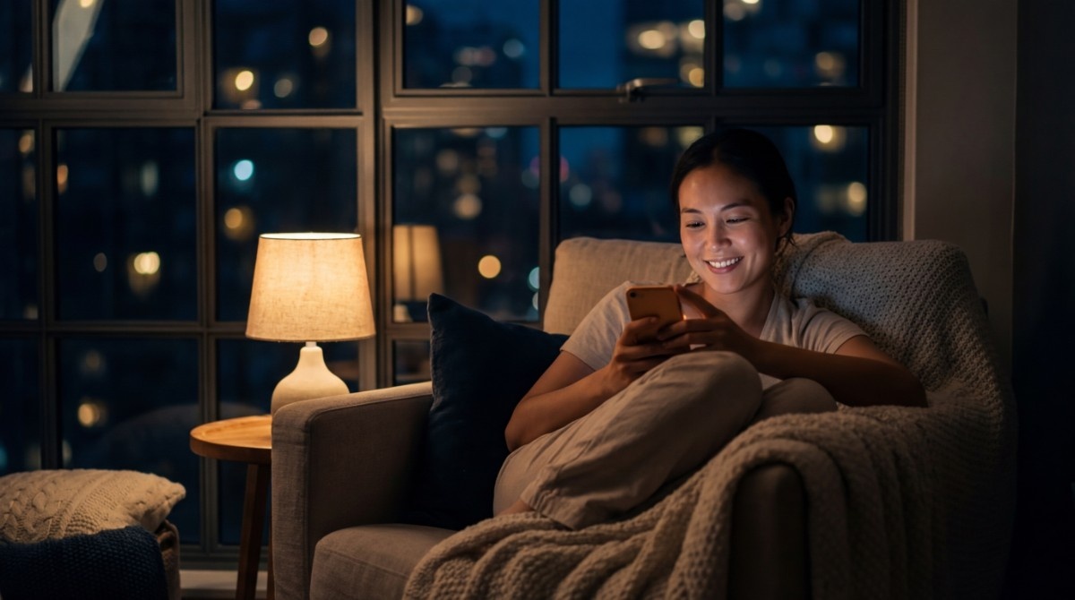 Woman sitting on a couch at night smiling at her phone with city lights visible through the window