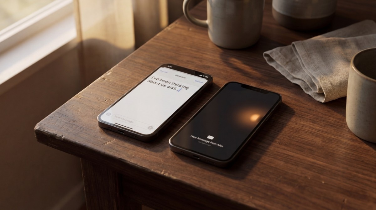 Two smartphones on a wooden table, one showing a message draft and the other a new incoming message