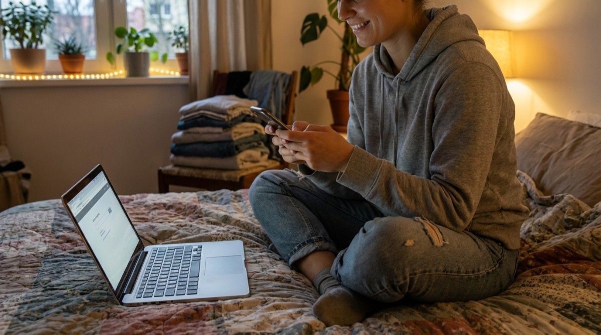 Person sitting cross-legged on a bed texting on a phone with a laptop open nearby in a cozy room
