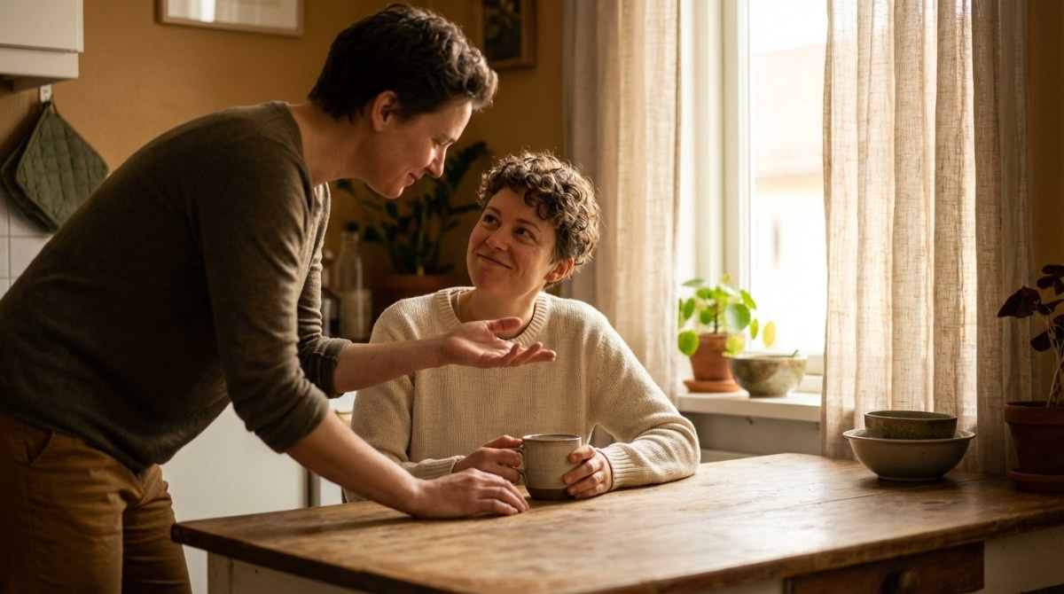 Two people talking in a kitchen, one listening attentively while holding a cup, showing engaged conversation