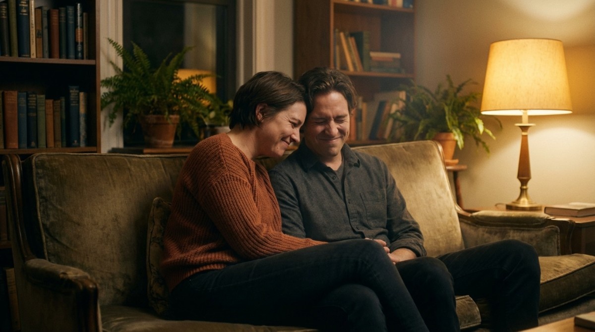 Couple sitting close together on a couch laughing and sharing a relaxed, emotionally connected moment