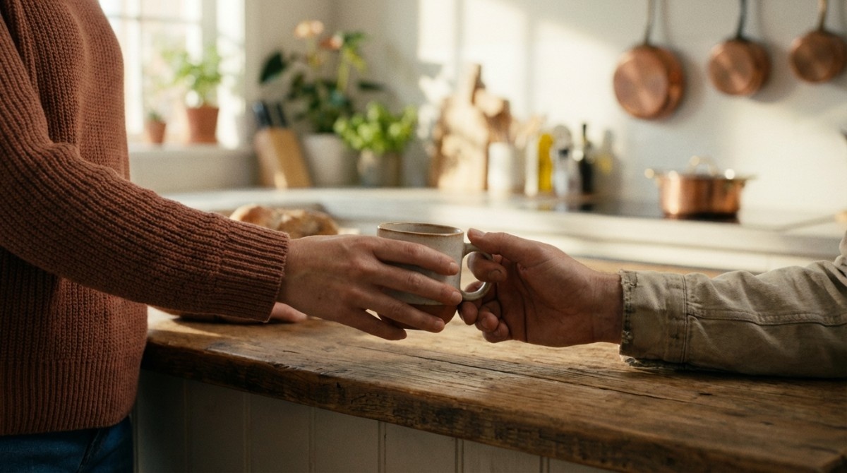 Close-up of two people passing a cup of coffee in a cozy kitchen setting showing a warm interaction