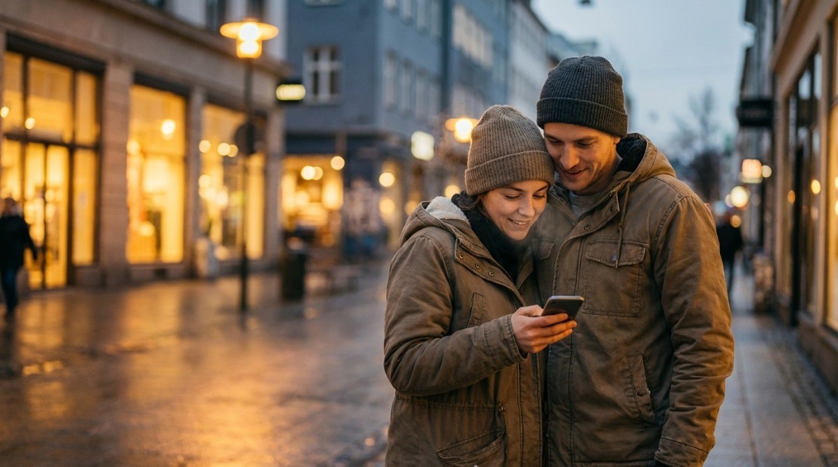 Couple standing together outdoors at night smiling while looking at a phone and sharing a moment