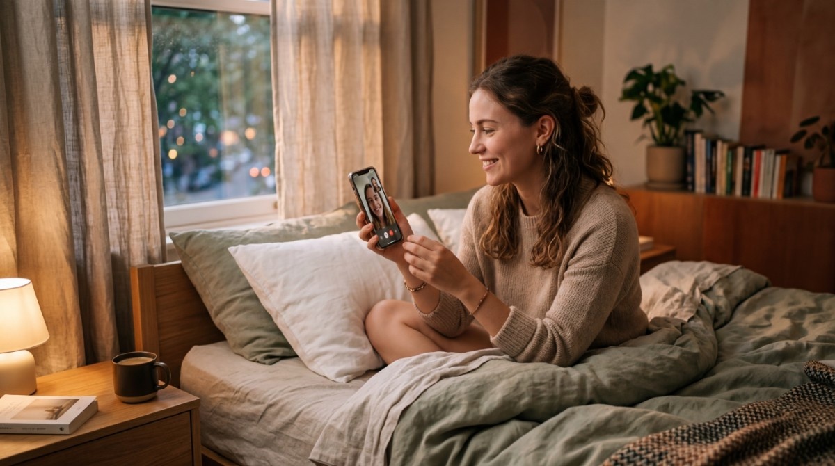 Woman sitting on bed smiling during video call on smartphone, representing long-distance relationship and emotional connection.