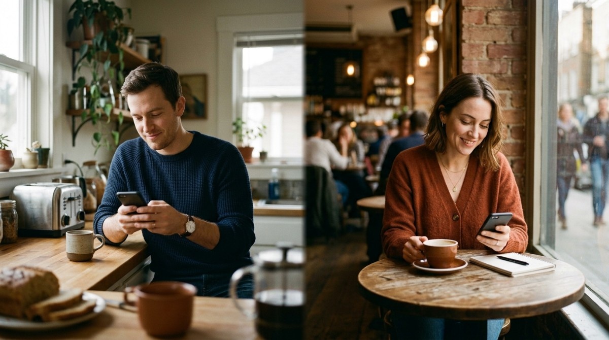 Man and woman sitting separately using smartphones in café, illustrating digital distraction and emotional disconnection.