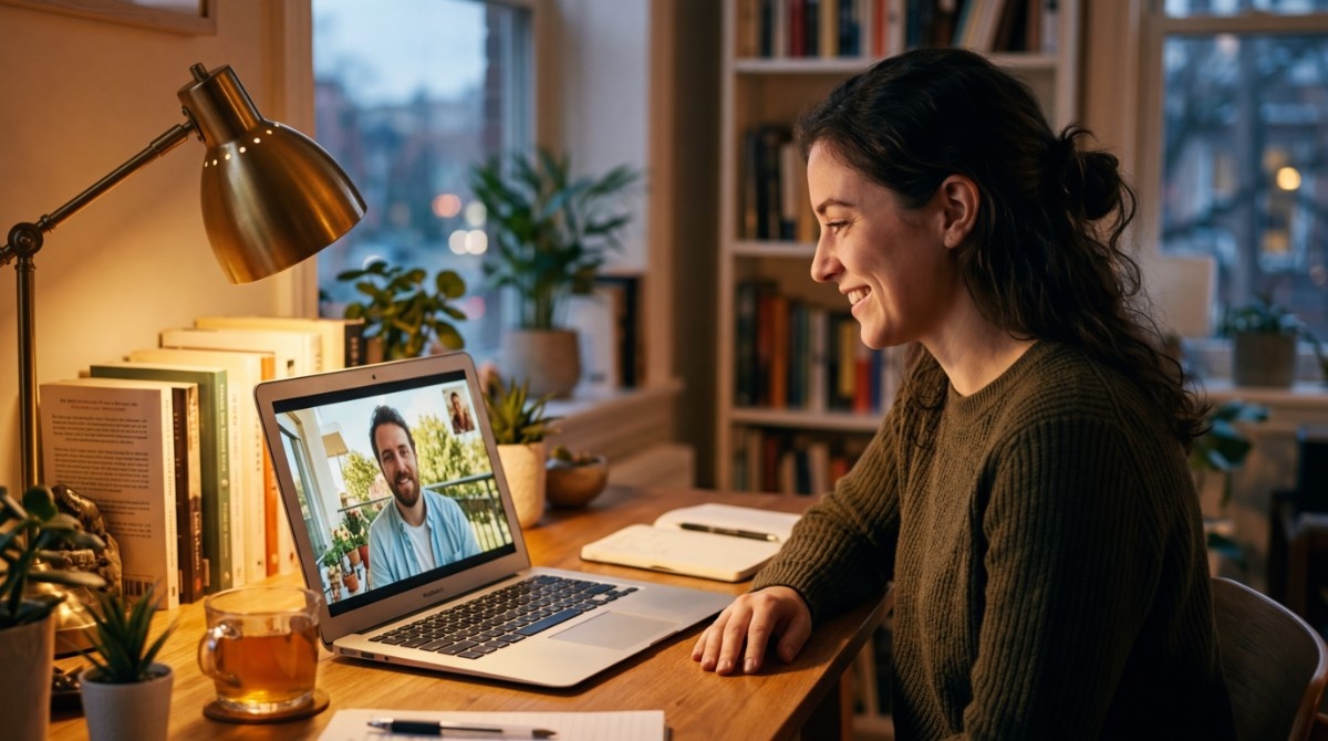 Woman smiling during laptop video call at home desk, symbolizing virtual communication and relationship connection.