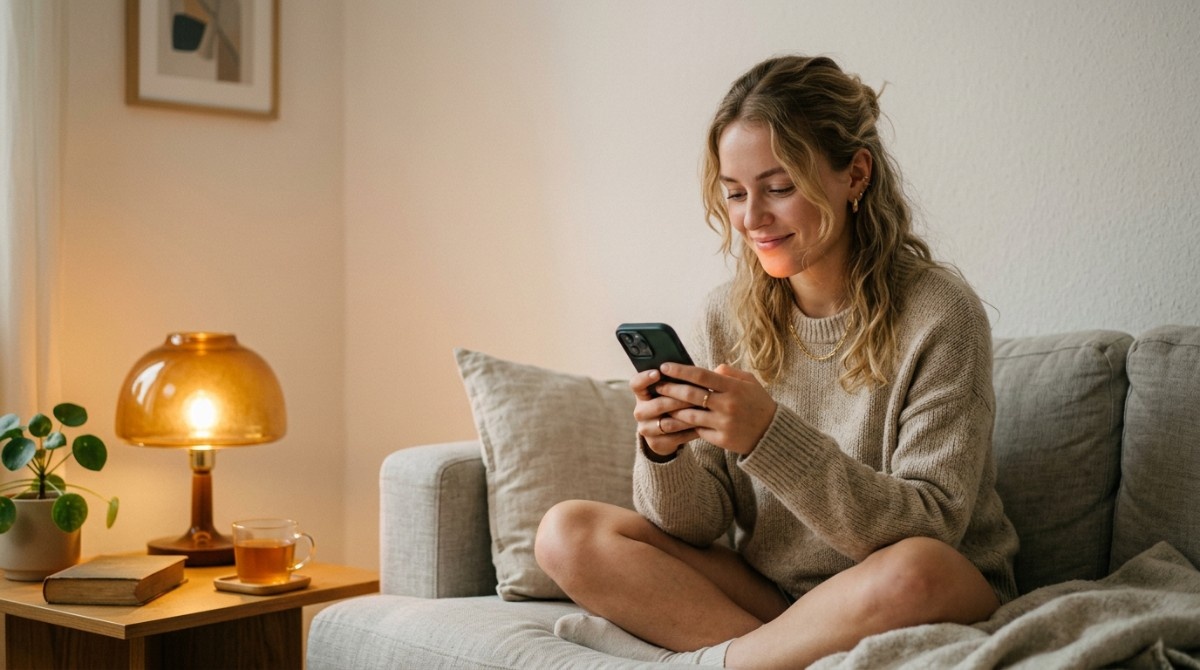 Woman sitting comfortably on a couch at home, smiling while texting on her phone in warm lighting