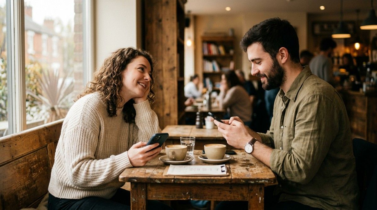 Man and woman sitting at a café table together but both looking at their phones instead of each other