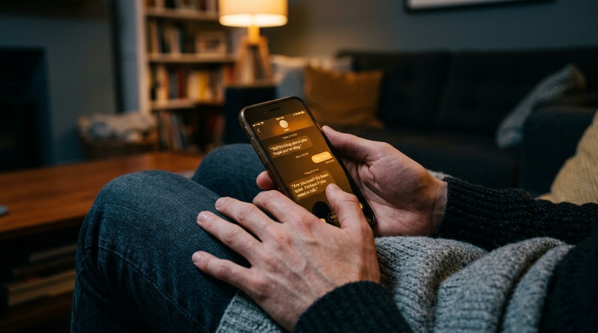 Close-up of hands holding a smartphone showing a casual text conversation in a dimly lit room