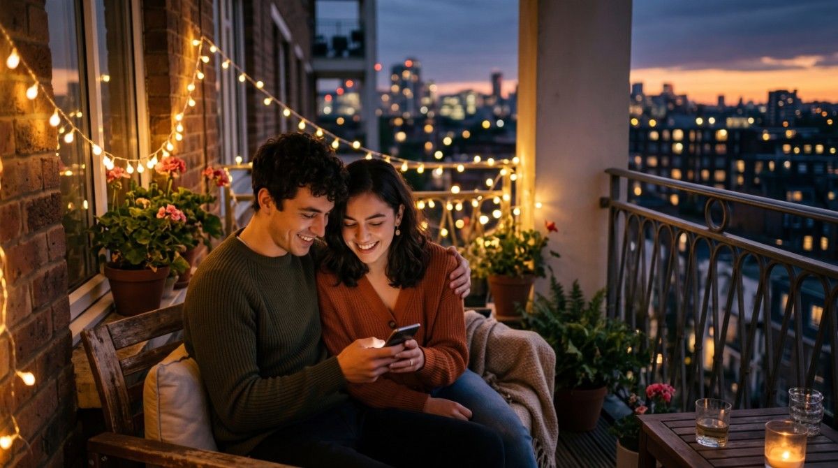 Young couple sitting on a balcony at night with city lights, smiling while looking at a phone together