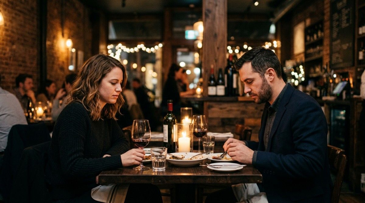 Man and woman sitting across from each other at a restaurant table with wine and candles, appearing disconnected and quiet.