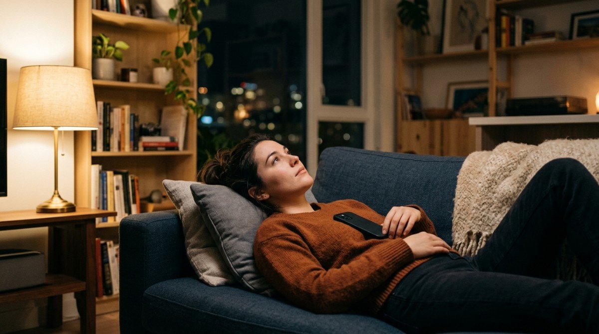 Woman resting on a sofa at night holding a phone on her chest, thoughtful expression in a cozy living room setting.