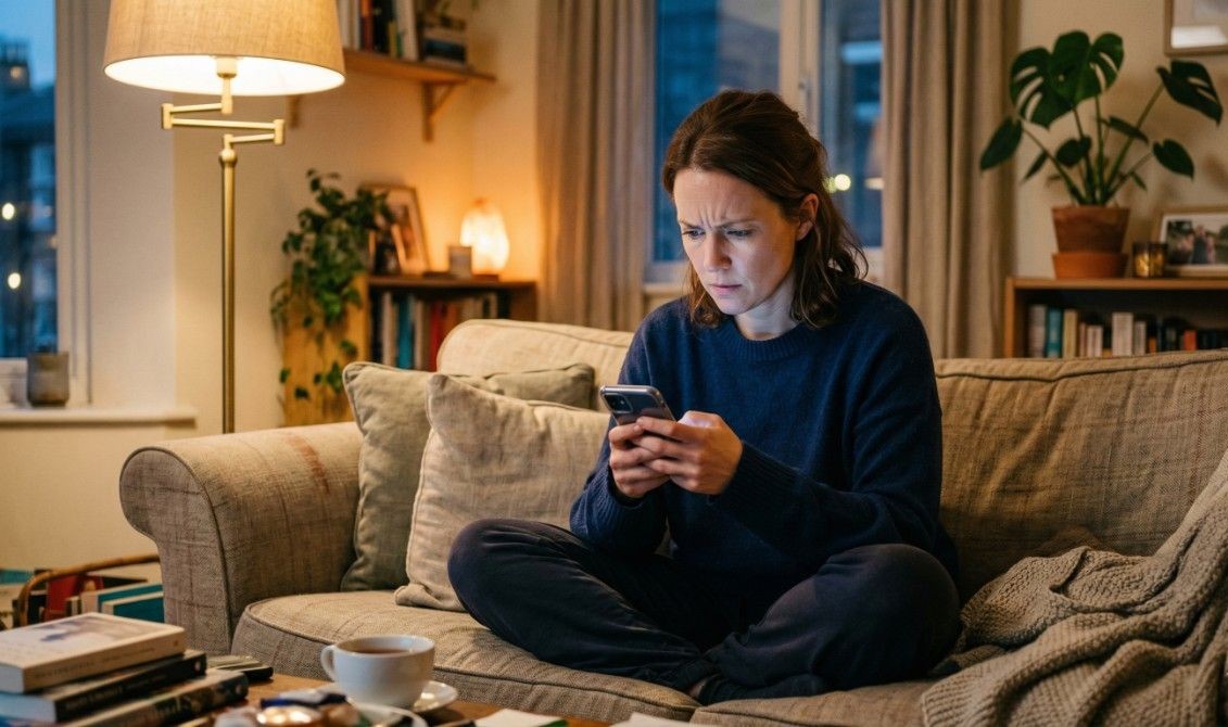 Woman sitting on couch looking confused while reading messages on phone in evening