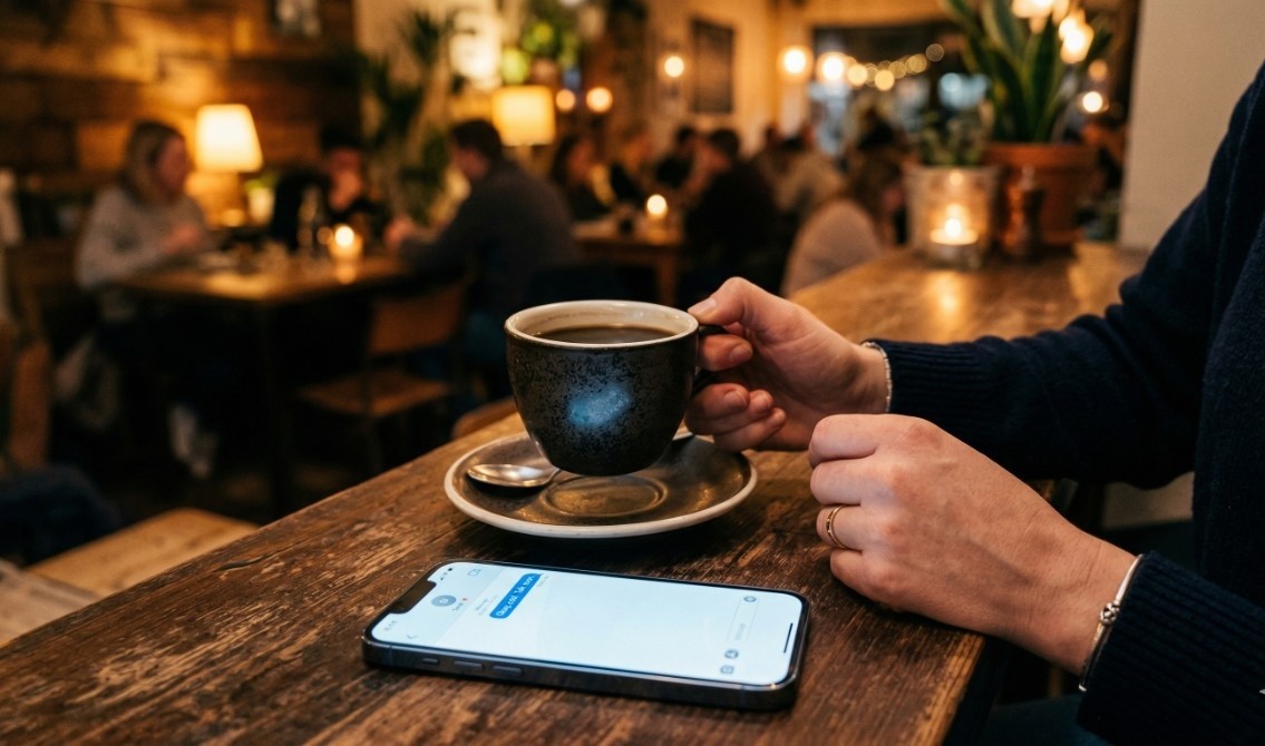 Close-up of coffee cup and smartphone with unread message on table in café setting