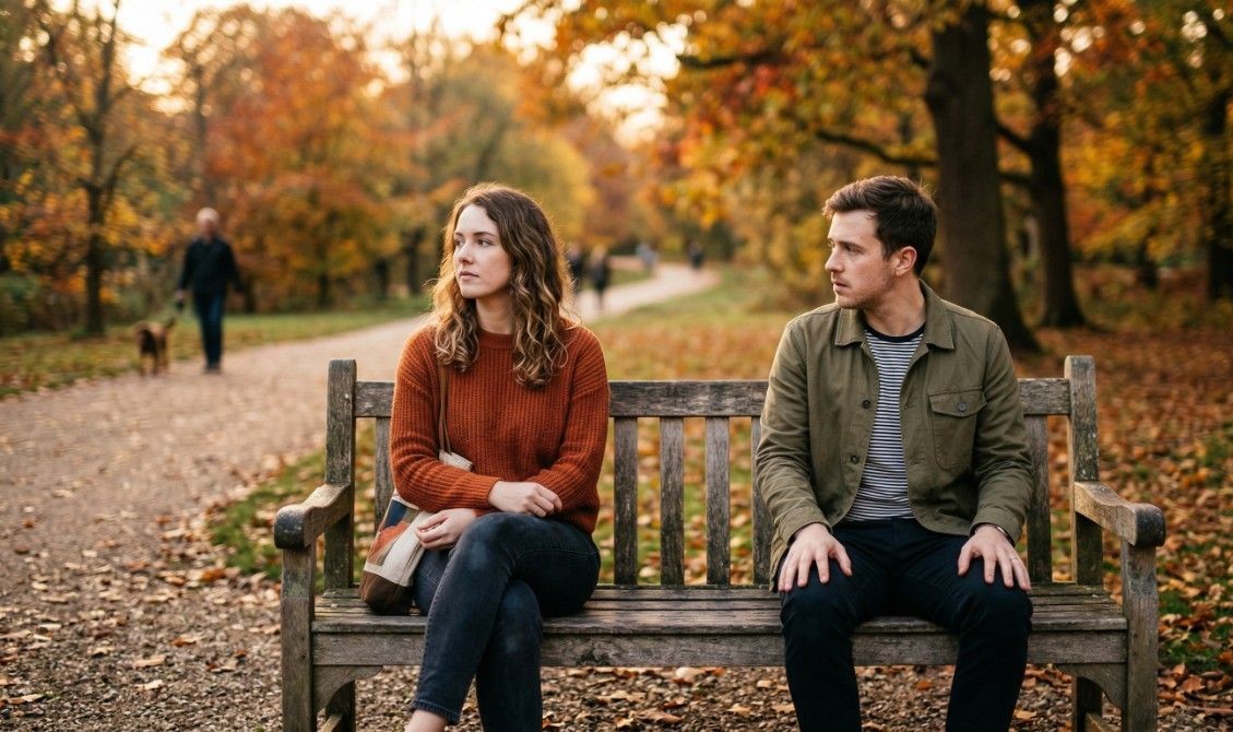 Man and woman sitting apart on park bench avoiding eye contact showing emotional distance