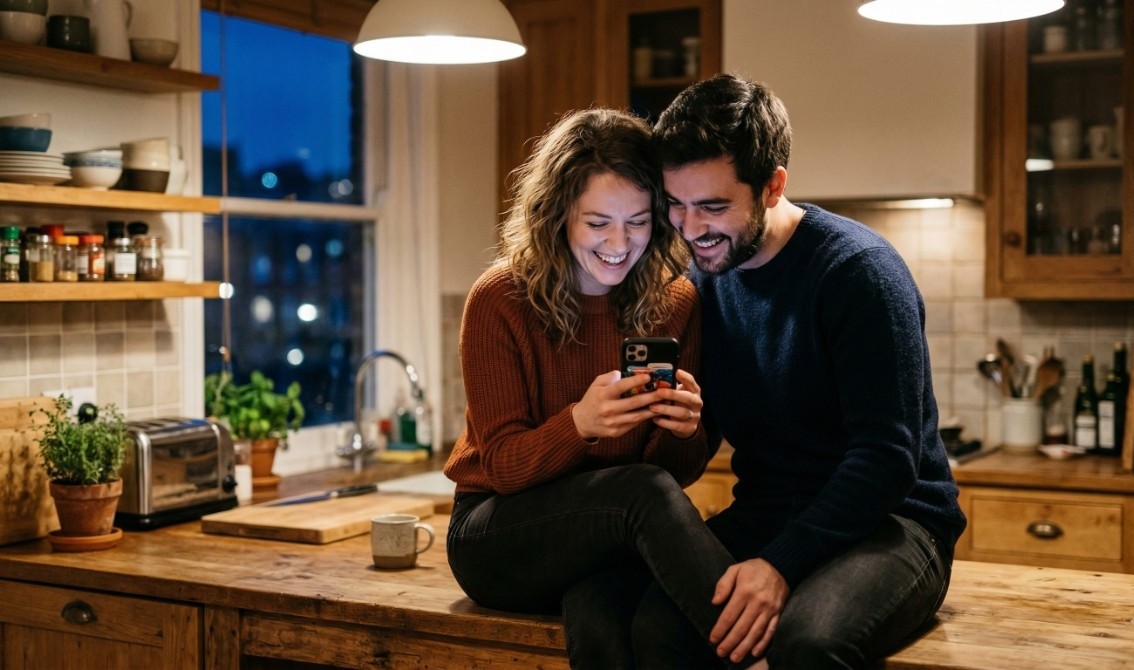 Happy couple sitting together in kitchen smiling while looking at phone and sharing a moment