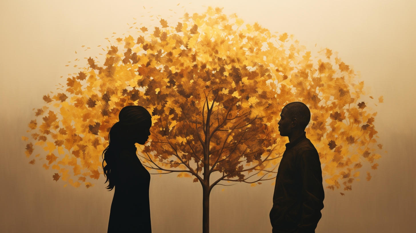 Silhouette of parted individuals with a growth tree symbolizing lessons from heartbreaks against a sunset background.