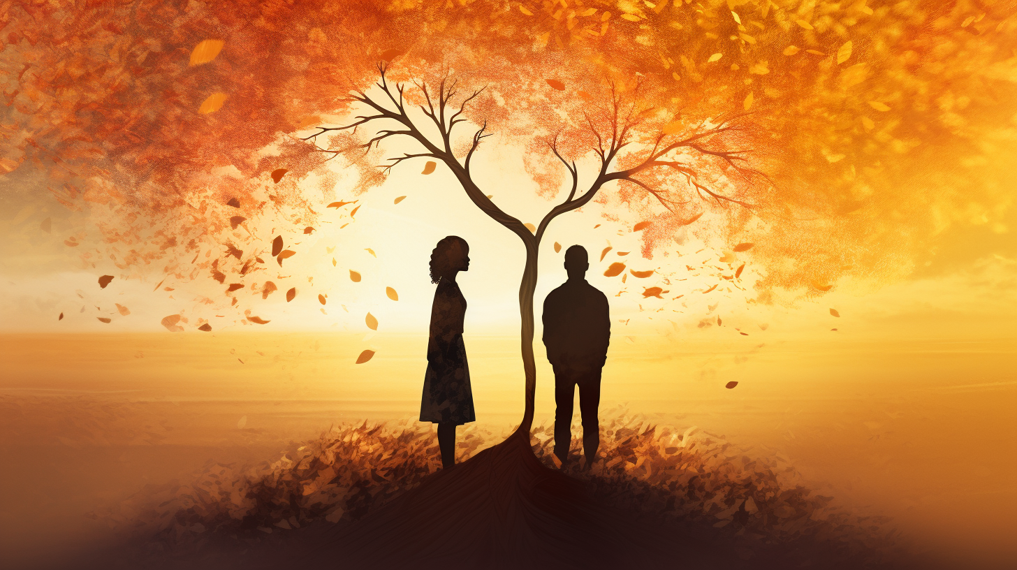 Silhouette of parted individuals with a growth tree symbolizing lessons from heartbreaks against a sunset background.