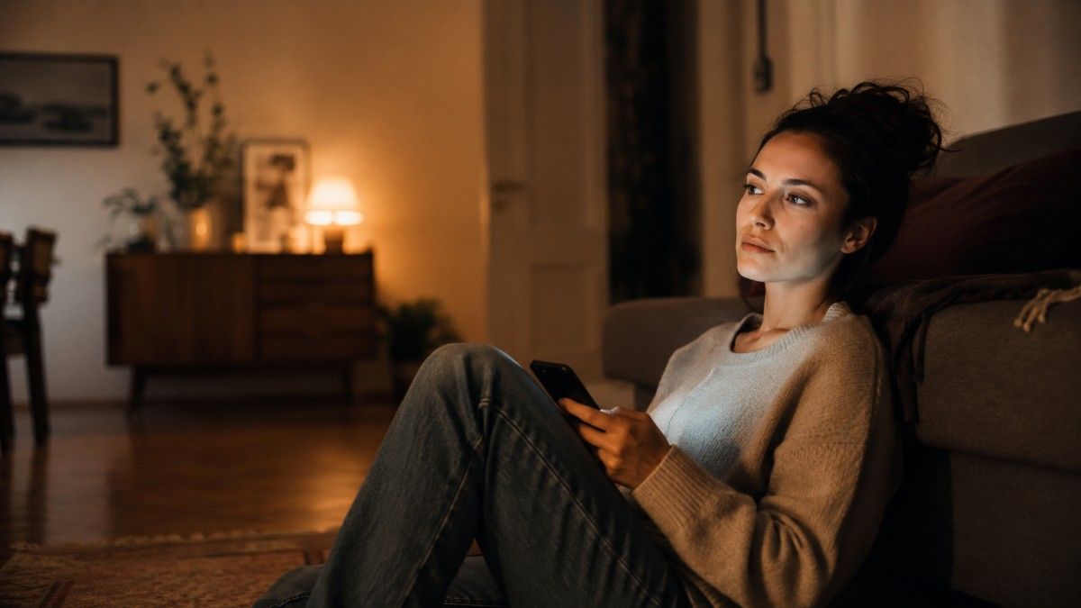 Person sitting on the floor at home holding a phone and quietly reflecting.
