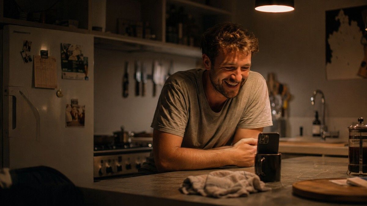 Person smiling while reading a message on a smartphone in a warmly lit kitchen.