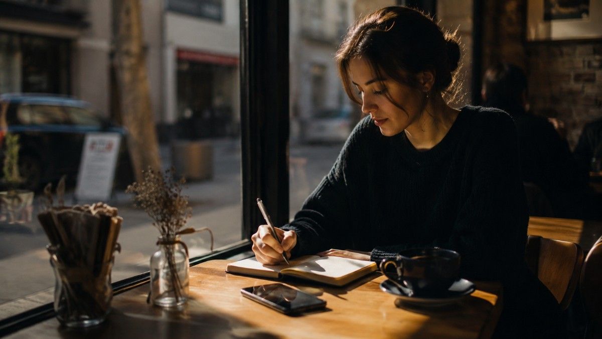 Person writing in a notebook at a café with a phone and coffee on the table.