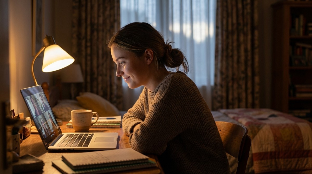 Woman sitting at a desk at night smiling during a video call on her laptop in a cozy room