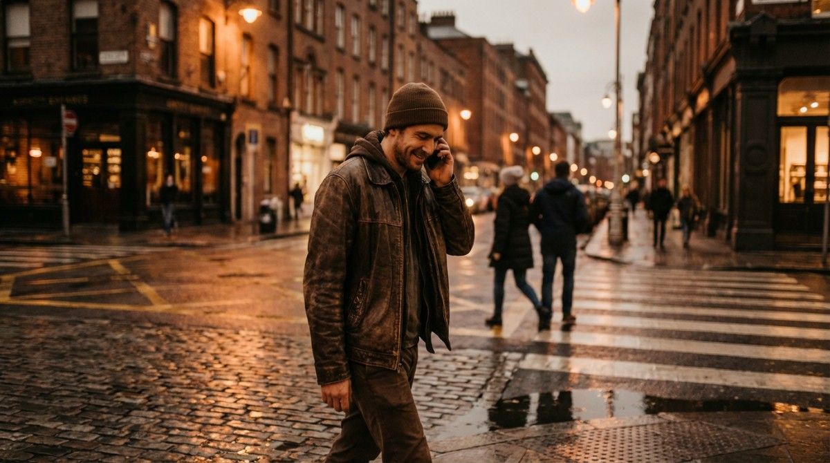 Man walking through a city street at dusk smiling while talking on his phone
