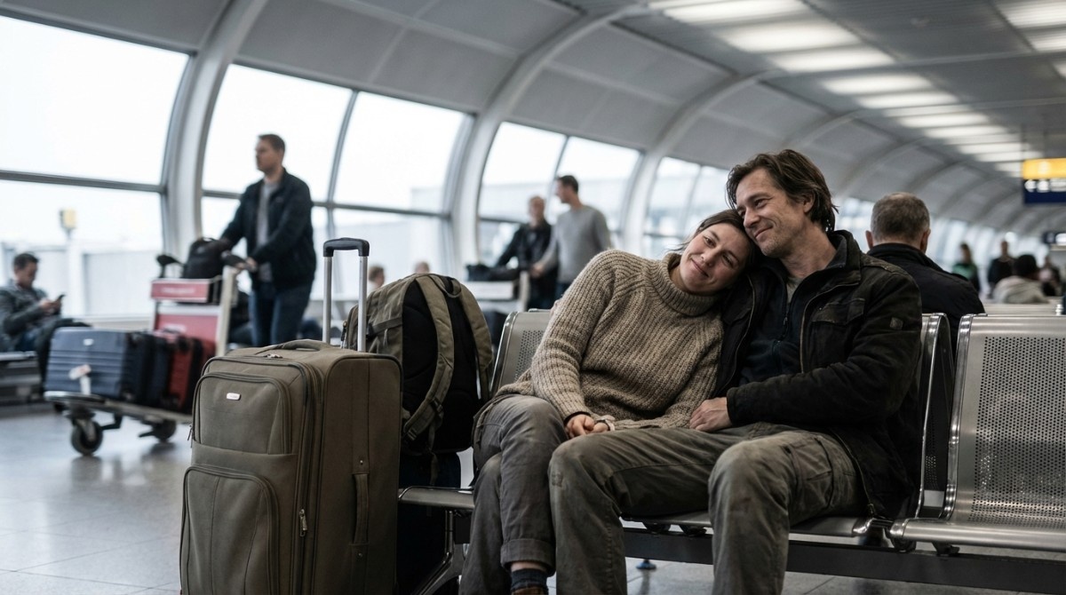 Couple sitting close together at an airport terminal, leaning on each other with luggage beside them