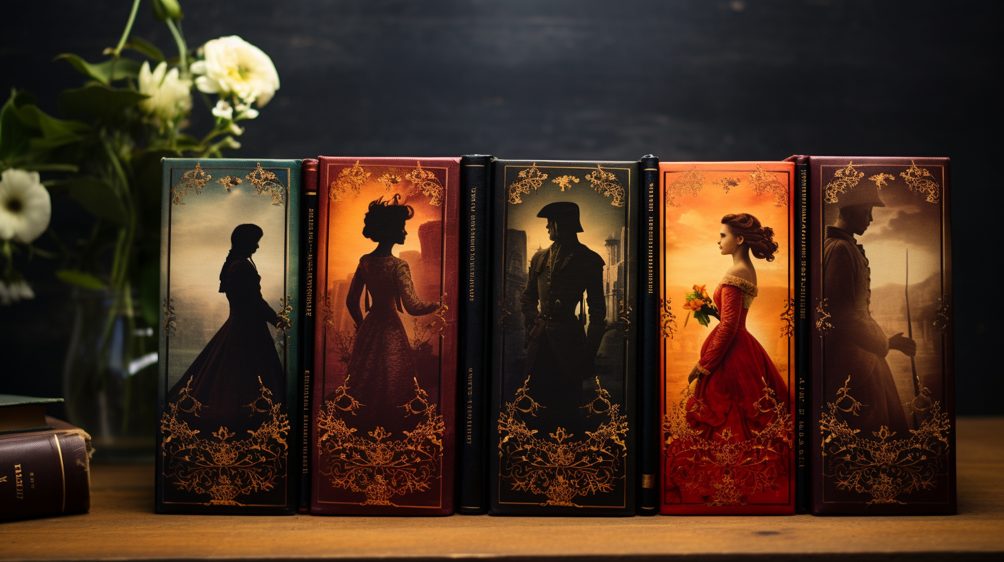 These four romantic classic books in one vintage photo: Pride and Prejudice, Wuthering Heights, Anna Karenina, Romeo and Juliet