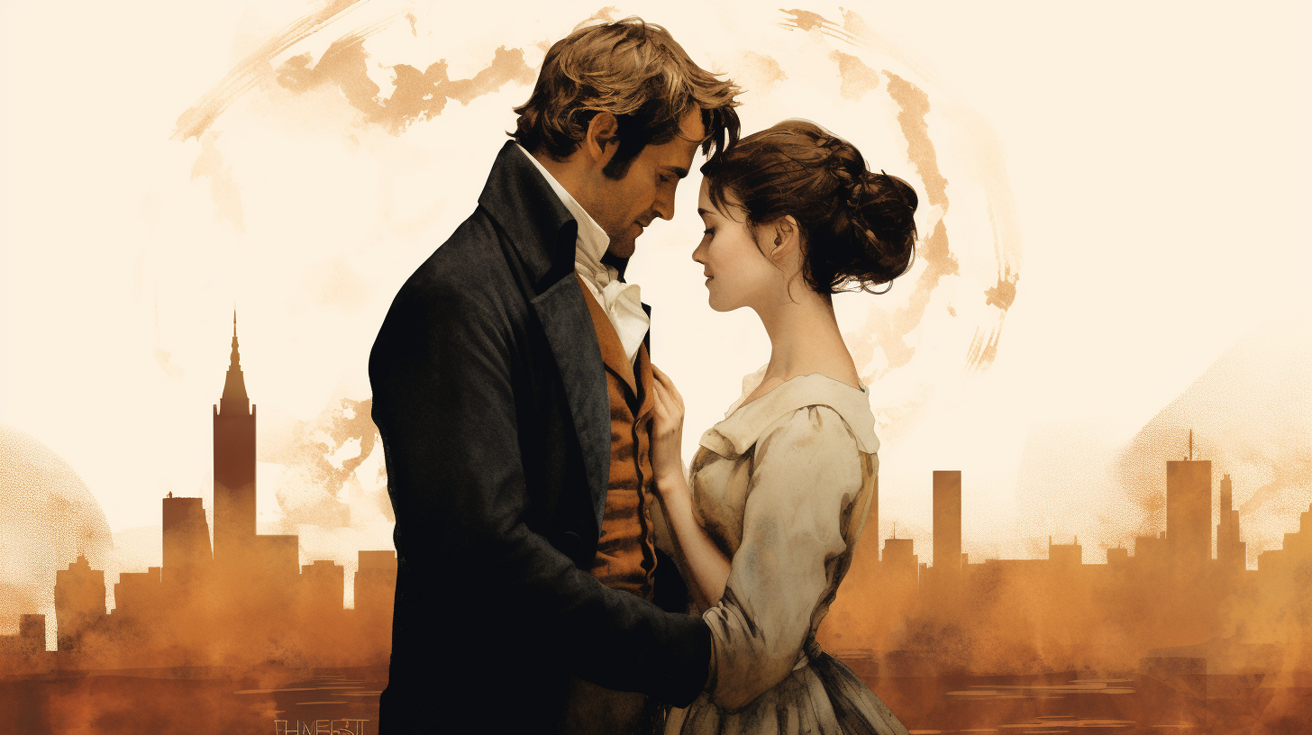 Elizabeth Bennet and Mr. Darcy in a modern world, symbolizing timeless love from classic literature to today's relationships.