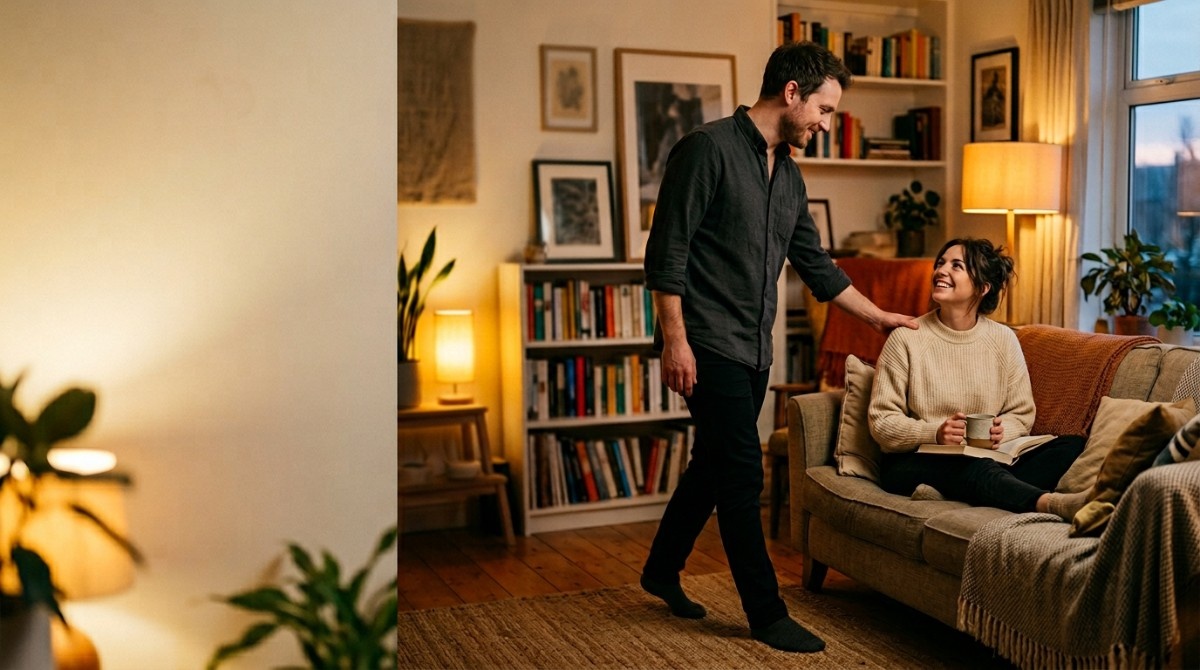 Couple in a cozy living room, one standing and gently touching the other’s shoulder while she smiles holding a cup