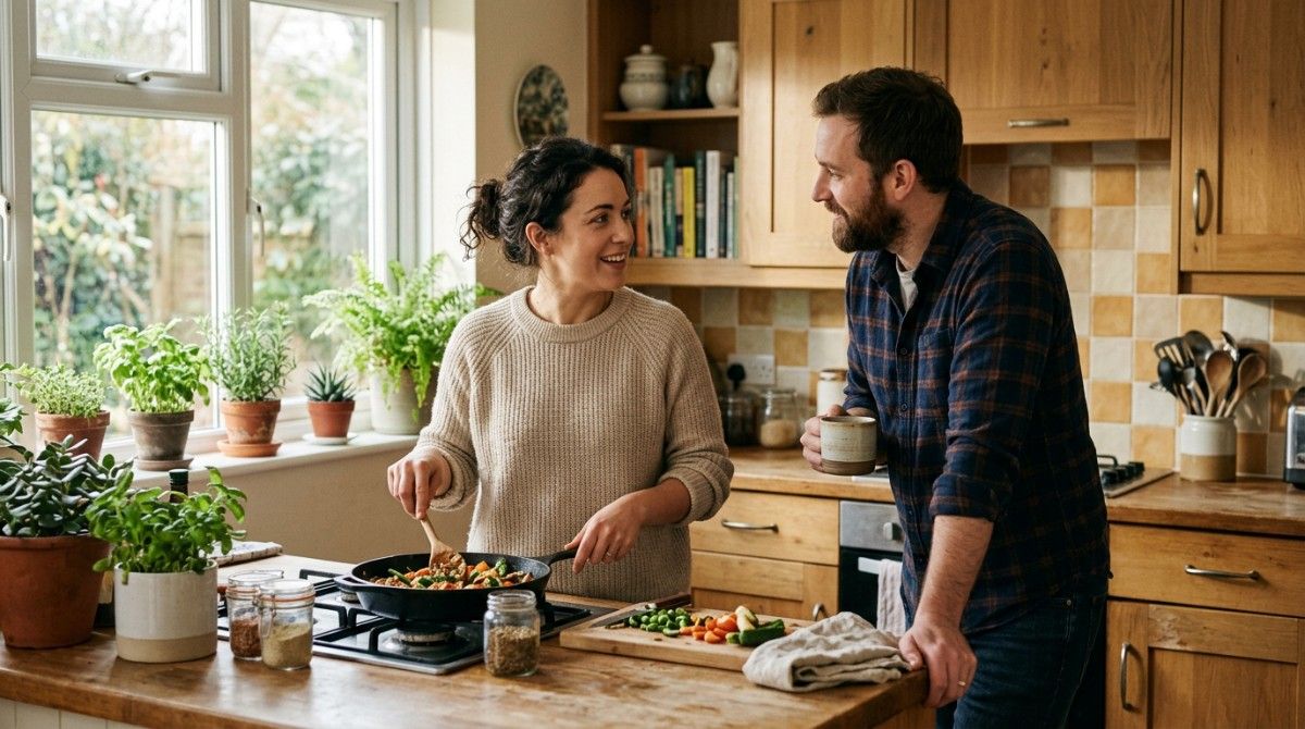 Couple cooking together in a bright kitchen, smiling and talking while preparing food