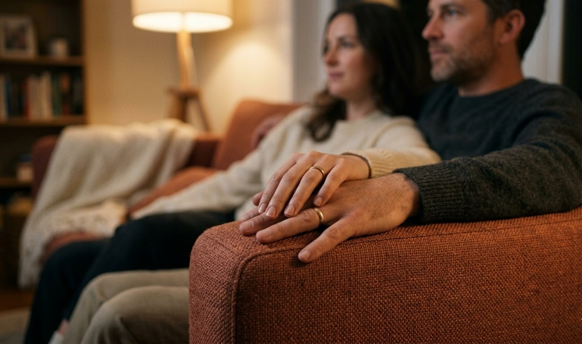 Close-up of a couple sitting together on a couch with one person’s hand resting gently on the other’s