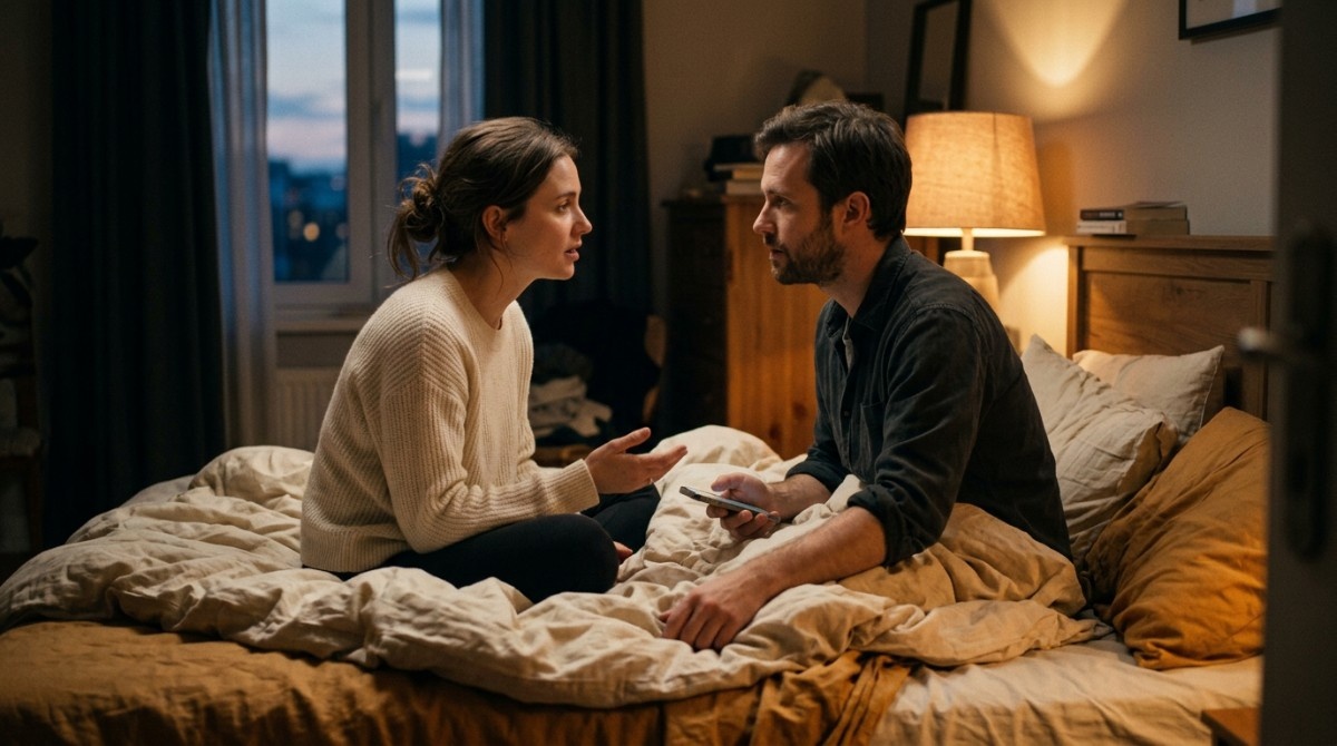 Couple sitting on a bed having a serious face-to-face conversation in a softly lit room