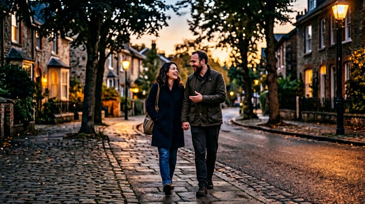 Couple walking together on a quiet street at dusk, smiling and holding hands