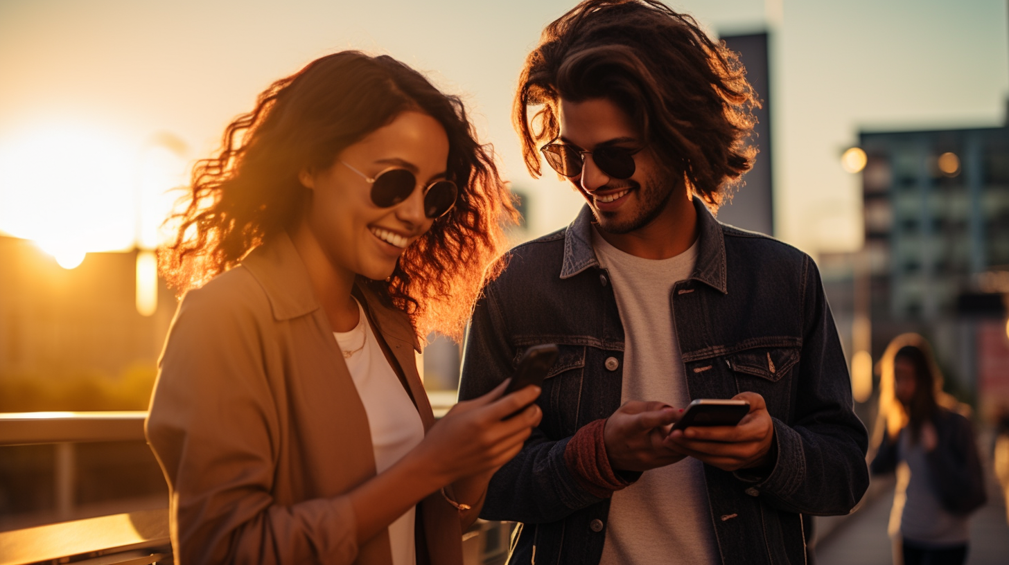 A modern-day couple sharing a heart emoji on a smartphone on the right, set against a backdrop of a contemporary urban skyline.