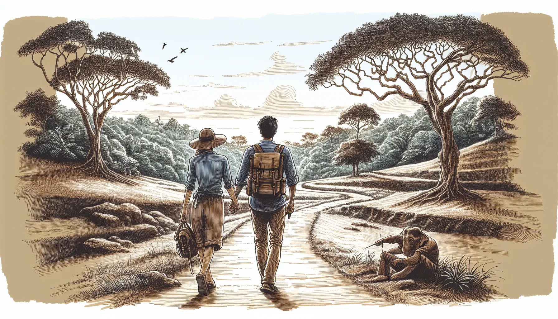 AI Couple walking away into the landscape