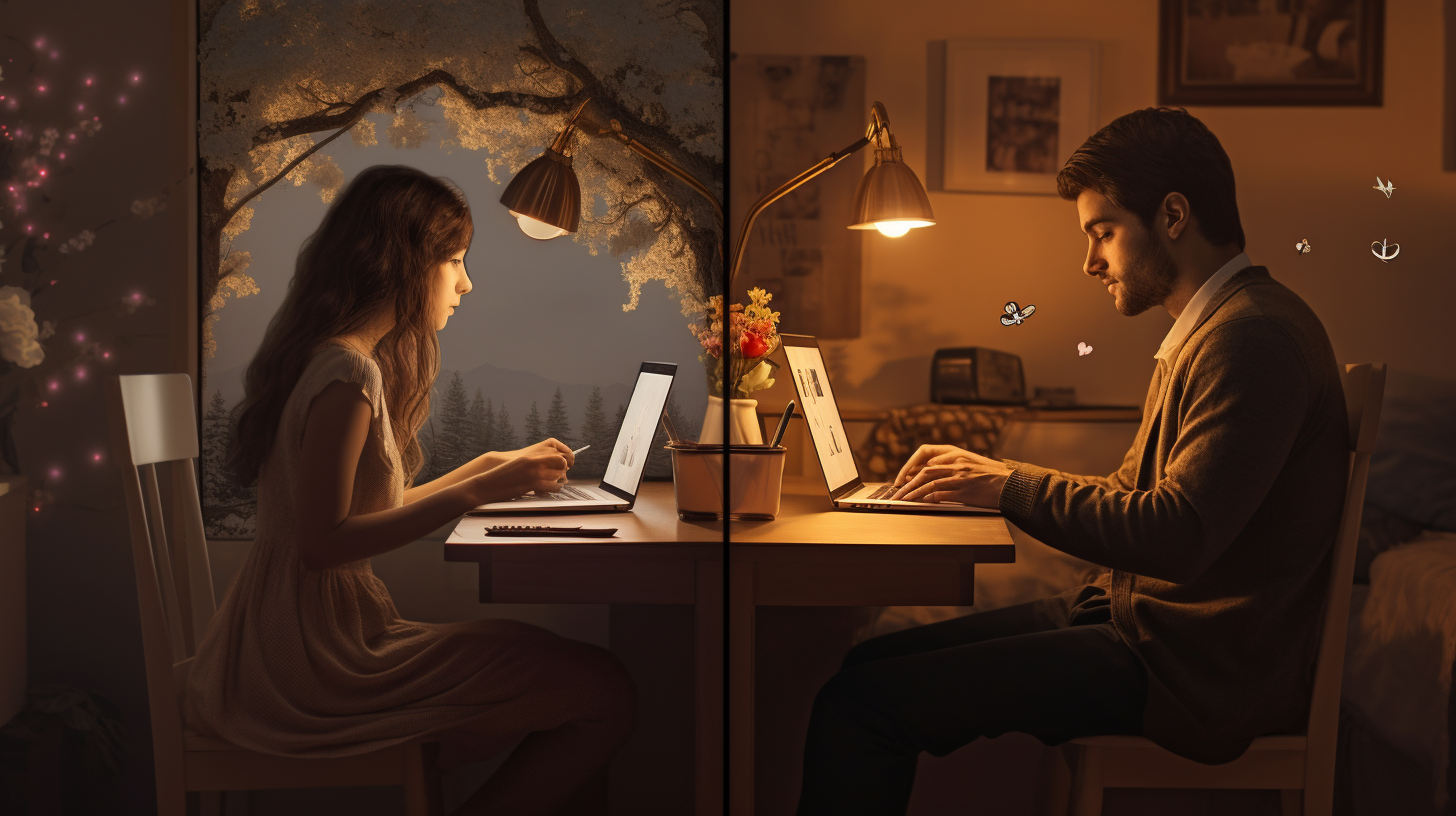 "Couple in a long-distance relationship having a virtual date, with split screen showing both partners connecting through technology, symbolizing the bond maintained across miles."