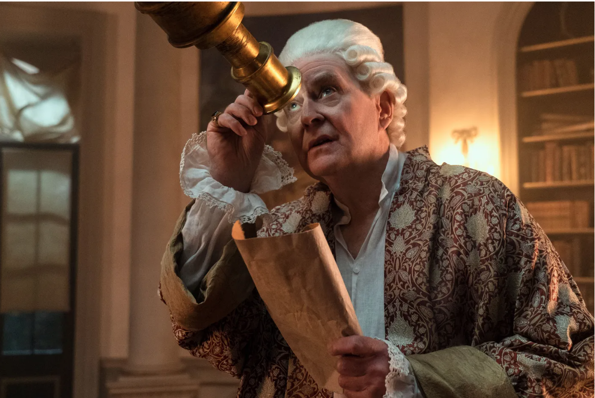 King George looks at the stars using telescope in his observatory