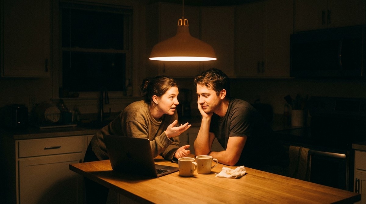 Couple having a serious late night relationship conversation at kitchen table